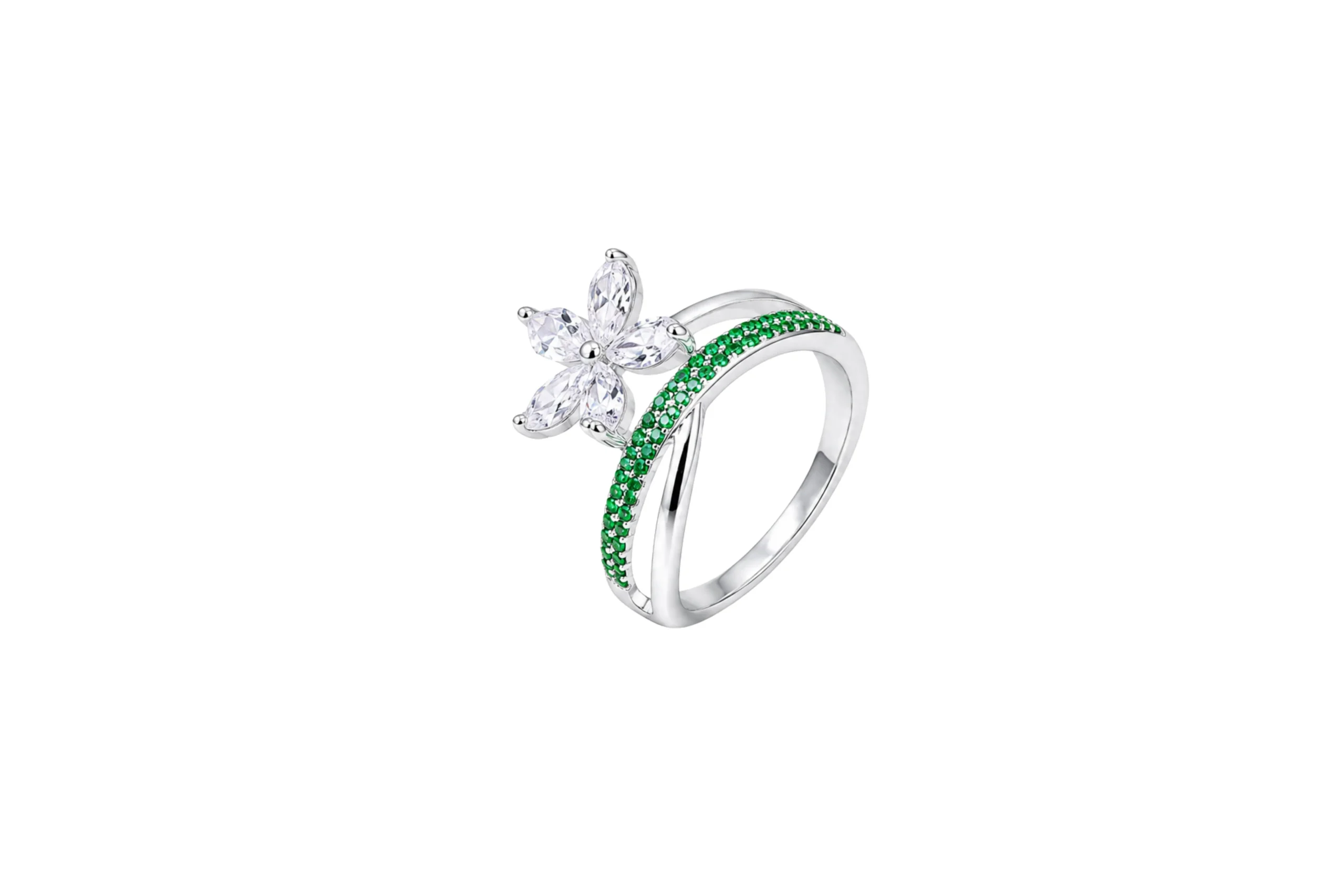 33316 Anillo Flor Cinta Circones Verde Plata Talla 6 - Imagen 1